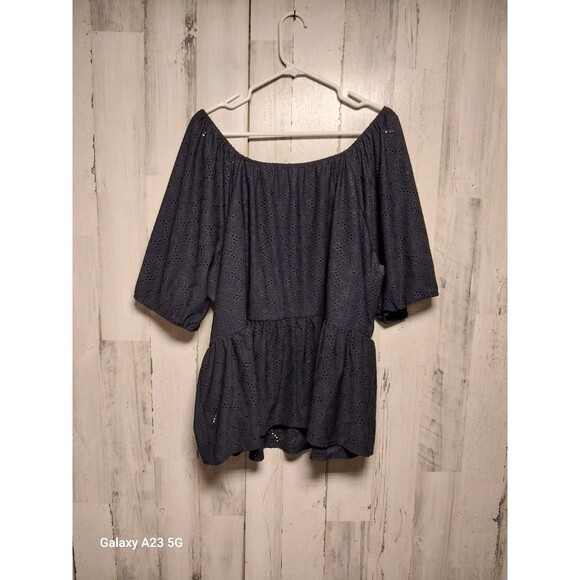 LANE BRYANT Women’s Navy Eyelet 3/4 Sleeve Off The Shoulder Blouse Size 26/28 - Picture 5 of 7